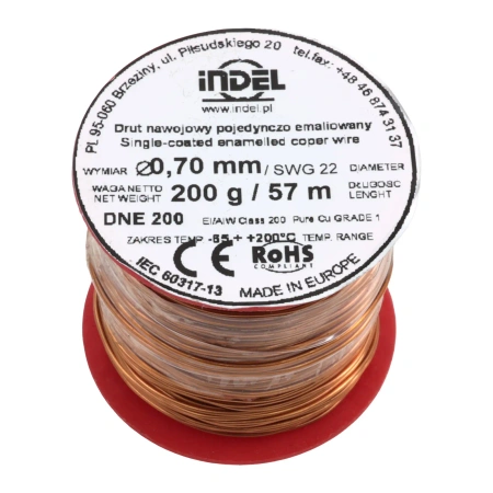 Drut nawojowy emaliowany 0.70mm – miedź nawojowa DNE 200, szpulka 200g / ok. 57m Indel