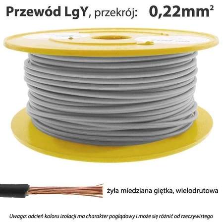 Przewód instalacyjny miedziany jednożyłowy LgY 0,22 mm2, linka giętka, szary