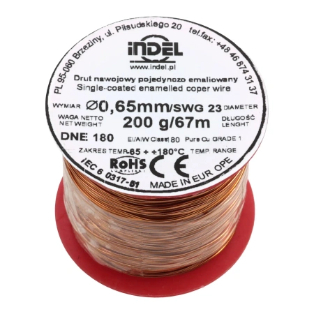 Drut nawojowy emaliowany 0.65mm – miedź nawojowa DNE 180, szpulka 200g / ok. 67m Indel