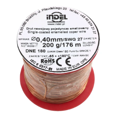Drut nawojowy emaliowany 0.40mm – miedź nawojowa DNE 180, szpulka 200g / ok. 176m Indel