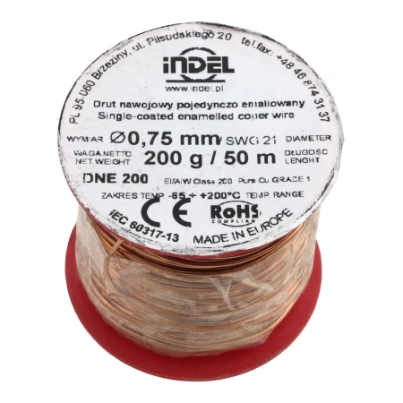 Drut nawojowy emaliowany 0.75mm – miedź nawojowa DNE 200, szpulka 200g / ok. 50m Indel