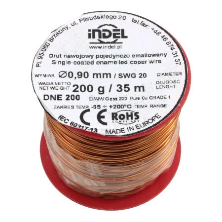 Drut nawojowy emaliowany 0.90mm – miedź nawojowa DNE 200, szpulka 200g / ok. 35m Indel