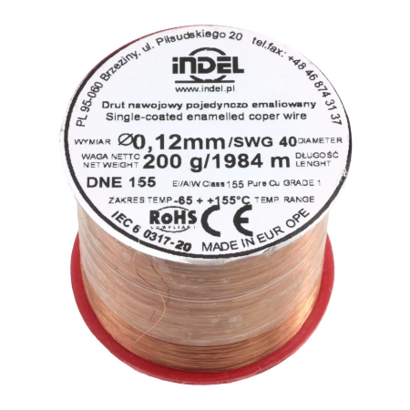 Drut nawojowy emaliowany 0.12mm – miedź nawojowa DNE 155, szpulka 200g / ok. 1984m Indel