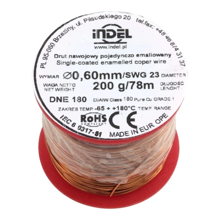 Drut nawojowy emaliowany 0.60mm – miedź nawojowa DNE 180, szpulka 200g / ok. 78m Indel